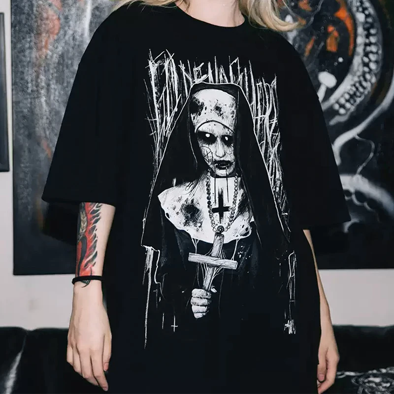 

American Y2k Vintage Printed Short-sleeved T-shirt 2024 Summer New Gothic Subculture Women's T-shirt Oversized Black Casual Tops