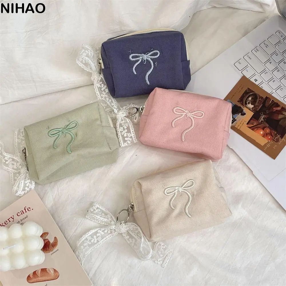 Portable Bow Coin Purse Bowknot with Lace Ribbon Sanitary Napkin Storage Bag Zipper Pouch Korean Style Cosmetic Bag Girls