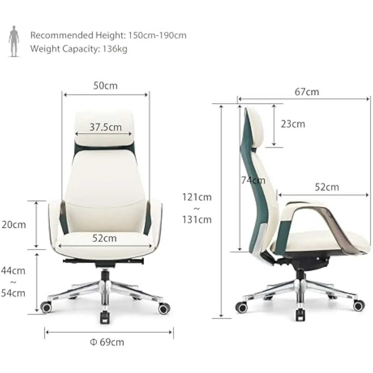 Ergonomic Leather Desk Chair with Adjustable Lumbar Support, Synchronized Tilt Mechanism, Silent Hydraulic Recline, 360° Swivel,