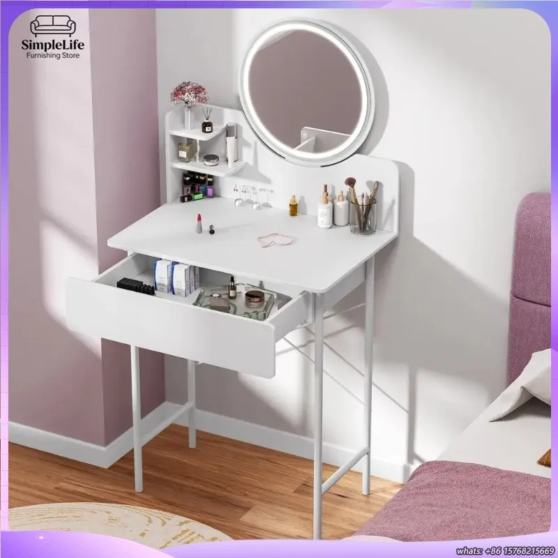 LED Lighted Makeup Vanity Desk with One Drawer and Two Open Shelves Dressing Table for Bedroom