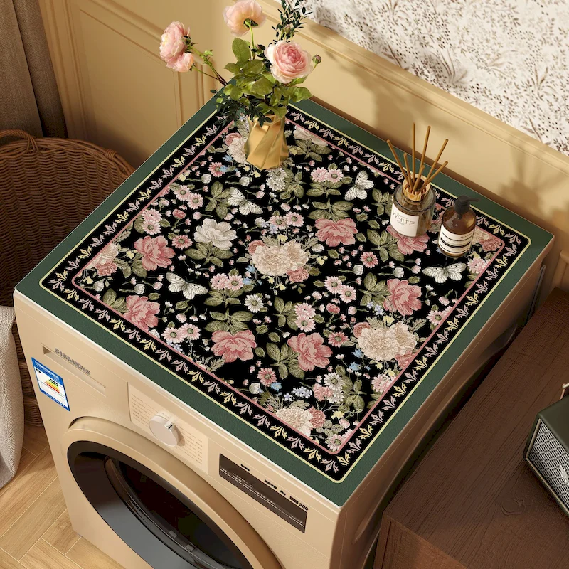VIKAMA Washing Machine Top Cover Dust Pad, Retro Floral Print Anti Slip Carpet Pad, Dryer, Refrigerator, Home Decoration