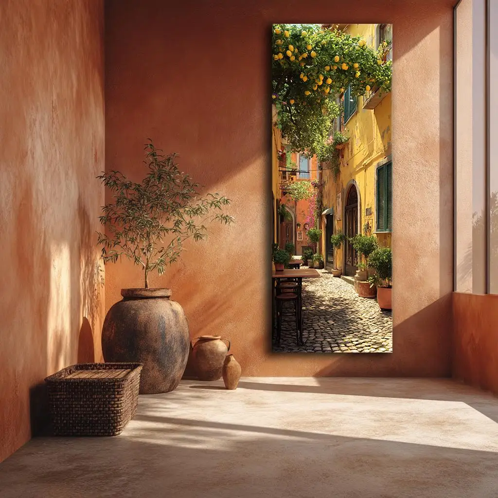 Italian street wall art canvas, Mediterranean alley decor, village art lemon tree, vertical travel art on the wall, rustic wall