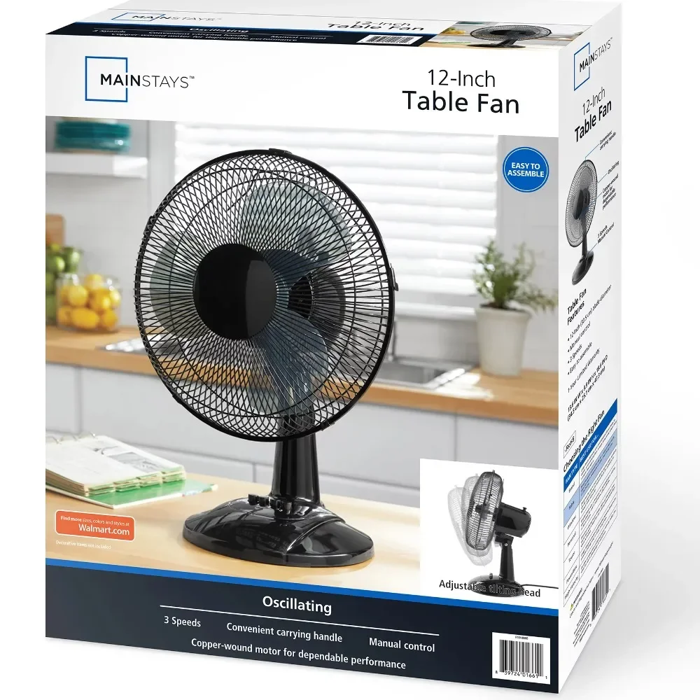 Ventilador de mesa oscilante de 3 velocidades, 12 ", configuración de cabezal de ventilador de inclinación ajustable, Montaje Simple, peso requerido de 5,07 libras, negro, nuevo