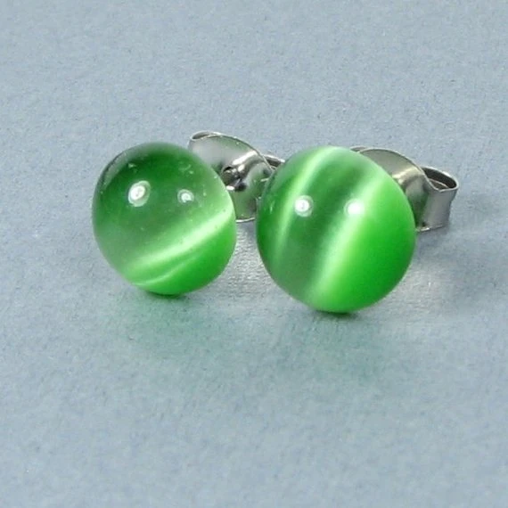 Green Small Post Earrings Fiber Optic Glass Stud Earrings Stainless Steel Cat's Eye Earrings