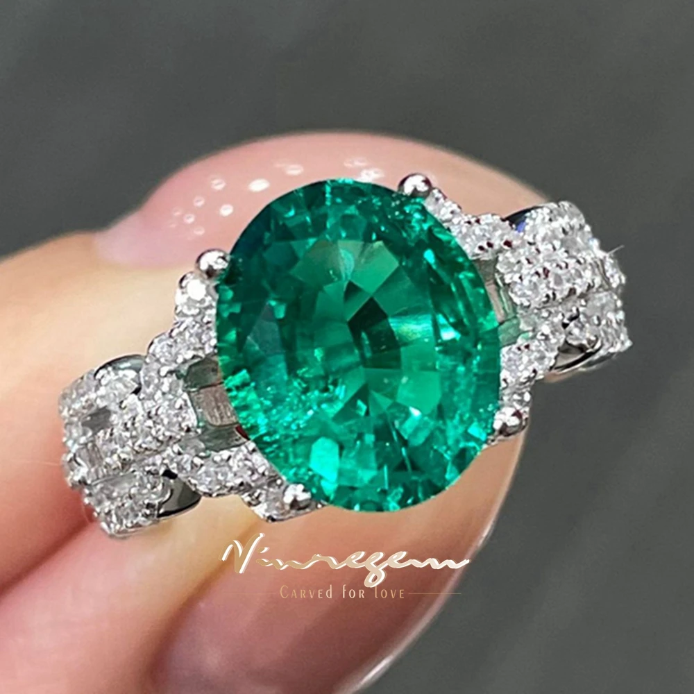 Vinregem 5CT Oval Cut Emerald Paraiba Tourmaline High Carbon Diamonds Gems 925 Sterling Silver Cocktail Party Rings Fine Jewelry