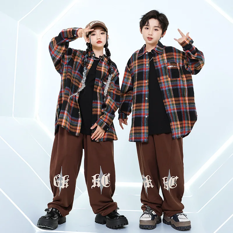 Children Hip Hop Checkered Shirt Coffee Printed Pants Elastic Waist Loose and Comfortable Street Dance Stage Performance Se