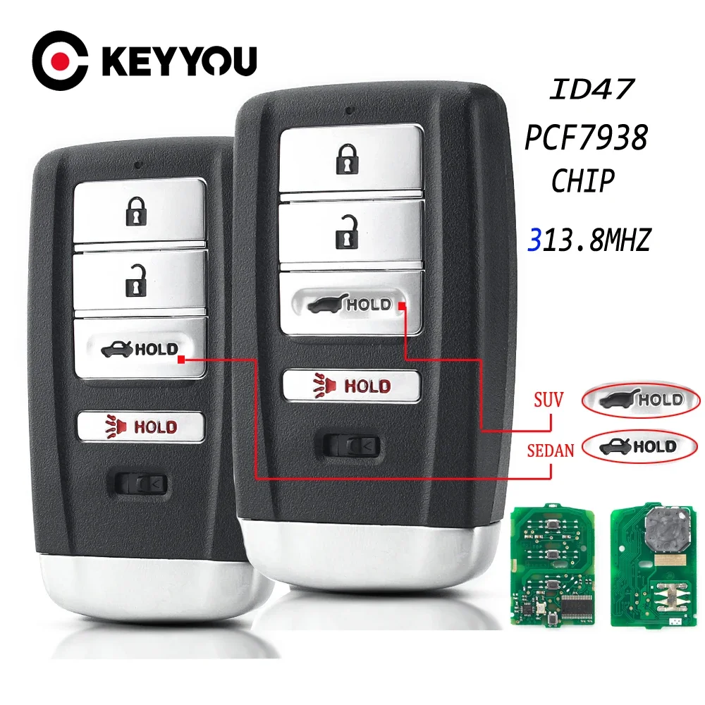 KEYYOU New ID47 Chip FCC ID: KR5V1X 313.8MHz Keyless Go Car Remote Key For Acura TLX ILX MDX RDX RLX 2015-2020