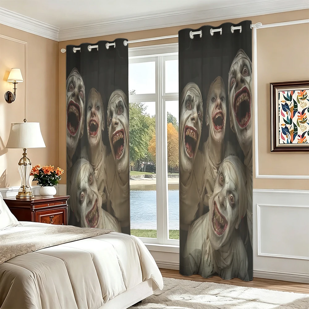 2pcs Symmetric Creepy Clown Group Double Sided Grommet Curtains Blackout Privacy Window Curtain For Bedroom Living Room Hallo