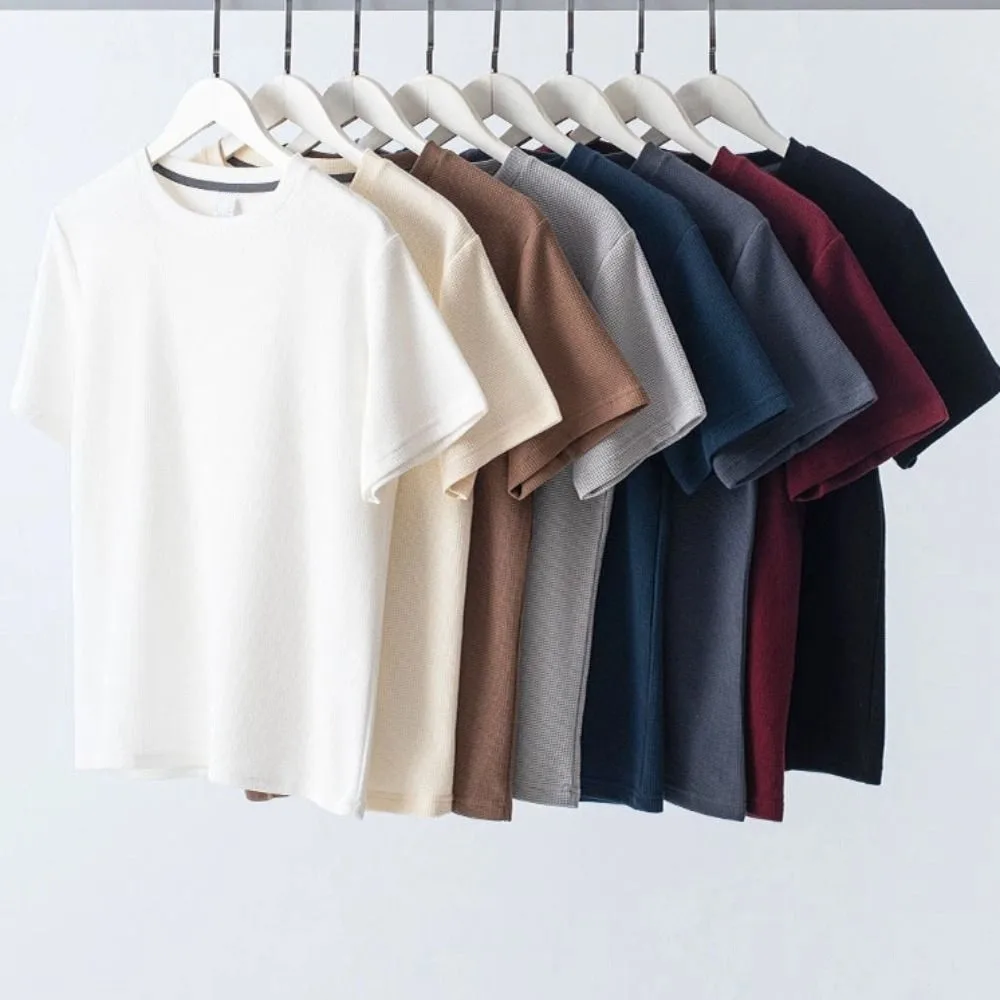 

Мягкая однотонная футболка с круглым вырезом, быстросохнущая свободная вафельная футболка, мужская тонкая эластичная мужская футболка с коротким рукавом, спортивный топ