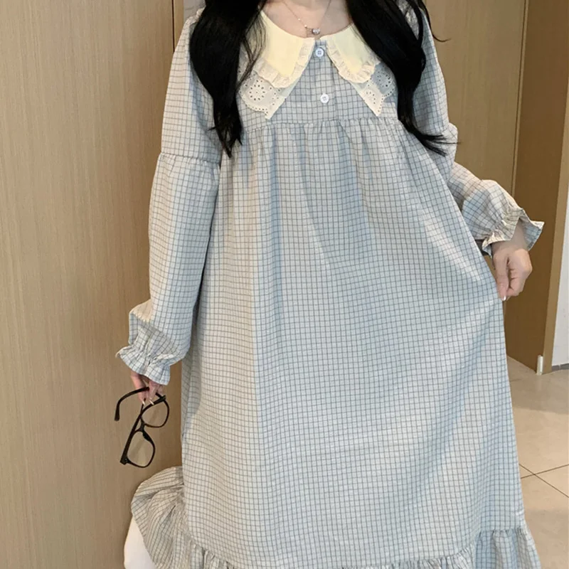 Korean Japan Cotton Sleepwear for Women Sweet Lace Ladies Ruffle Edge Flying Sleeves Home Clothes Pajamas Long Skirts