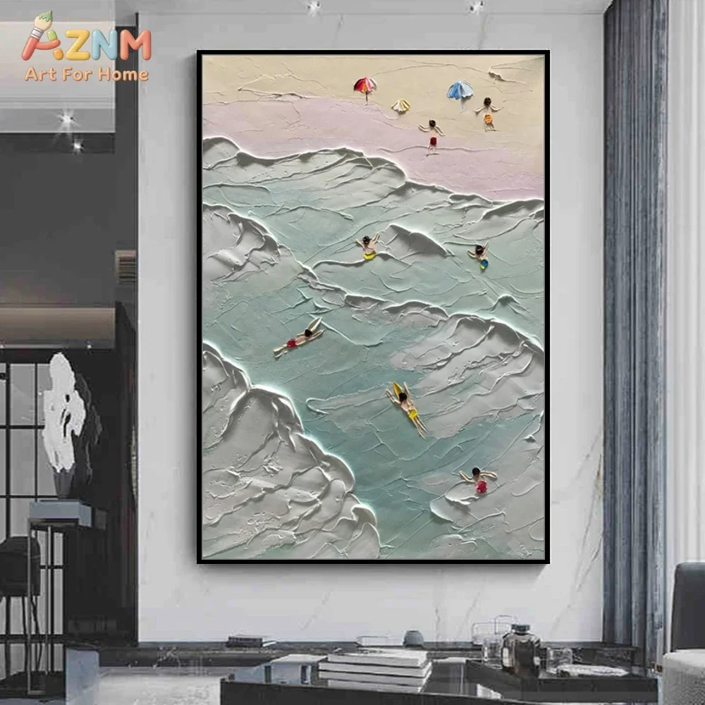 AZNM 3D Textured Beach Swimming Canvas Wall Art Abstract Ocean Wave Thick Impasto Oil Painting Unframed Modern Coastal Landscape