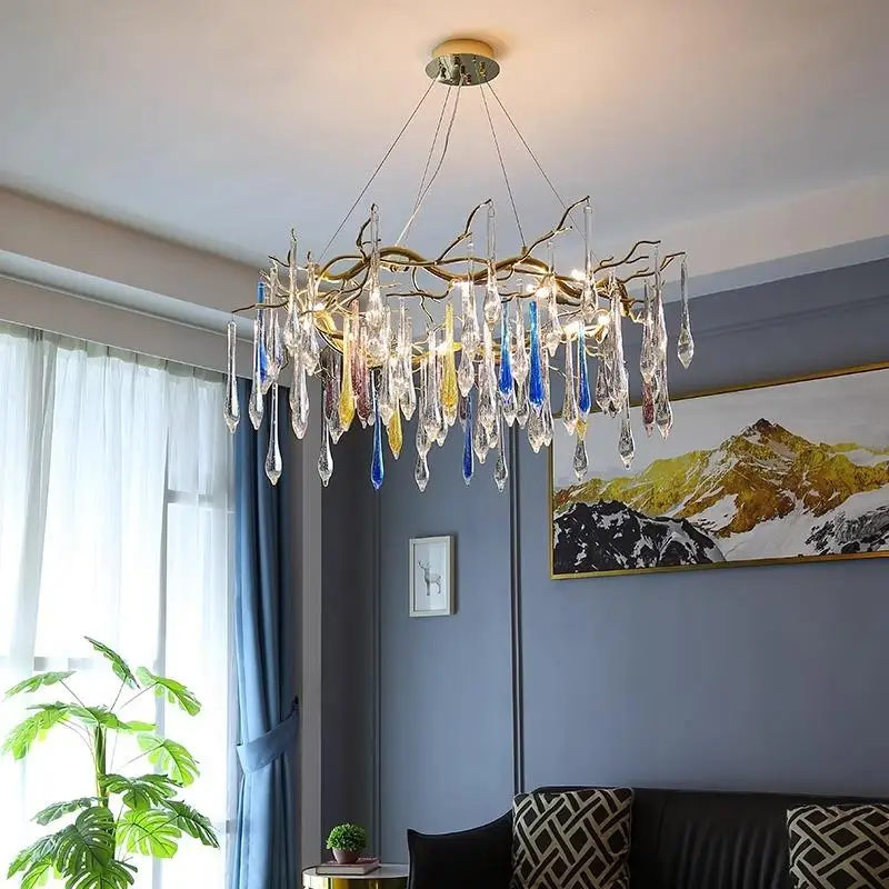 2024 Modern Gold Crystal Chandelier Living Room High Ceiling Luxury Big Lustres Aluminium Crystal Tree Branch Chandelier Lights