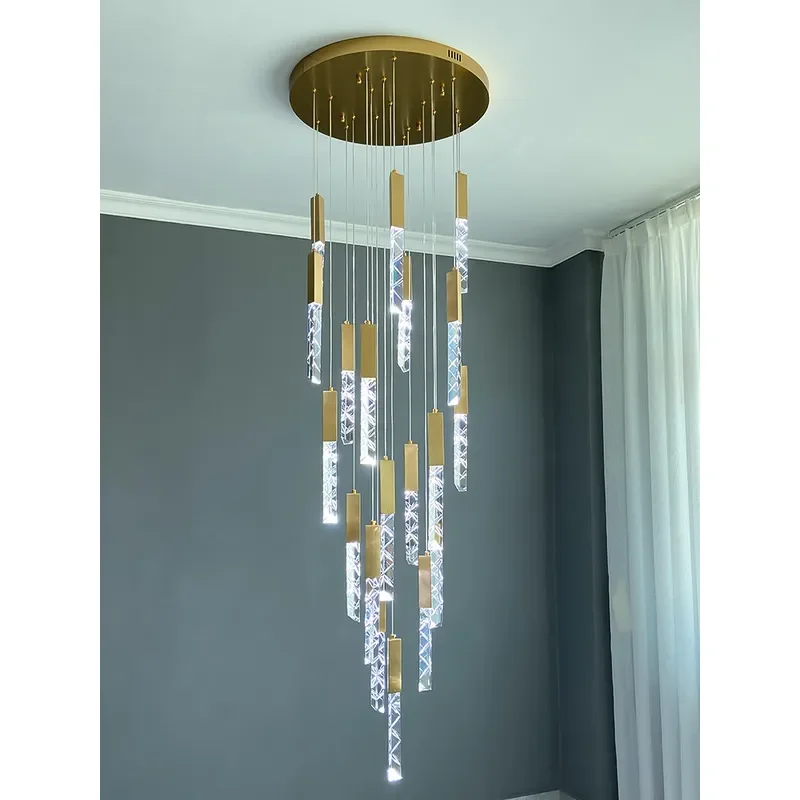 Nordic Crystal Chandelier for Duplex Stairwell Loft Rotating Triangular Pendant Light Modern Luxury Hanging Lamp for Villa
