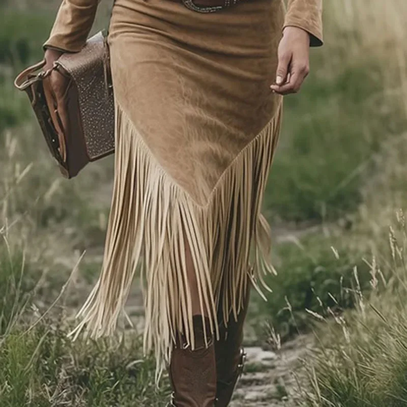 Vestido Retro occidental de ante liso con borlas empalmadas para mujer, vestido de fiesta Sexy con solapa y cremallera hueca, vestido ajustado de manga larga para otoño