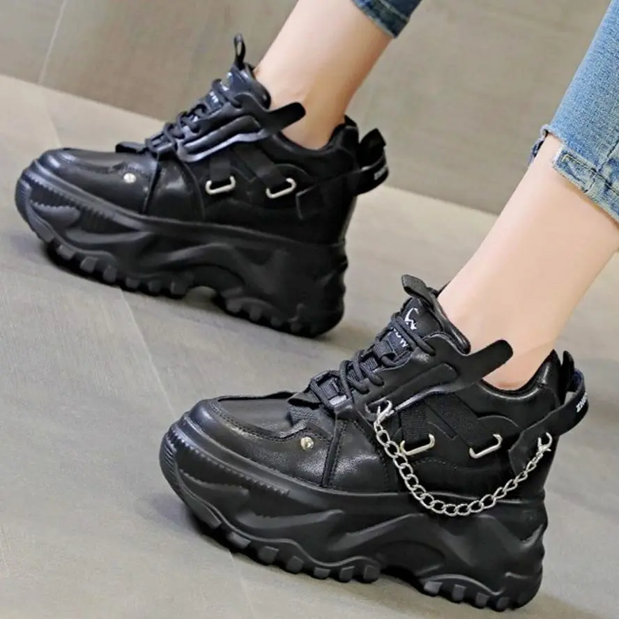 

Thick Sole Fashion Sneaker Women's Cow Leather Round Toe Platform Wedge Ankle Boots Buckle Chain Creeper Casual Shoe