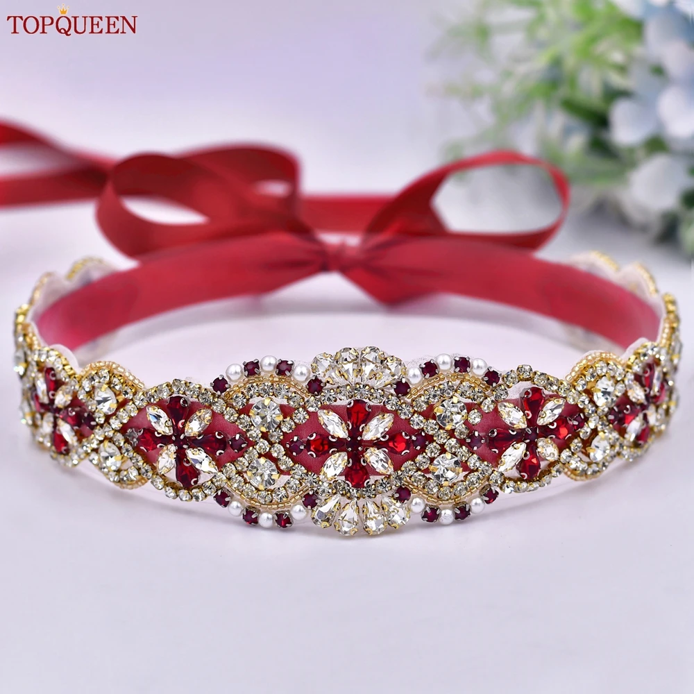 TOPQUEEN Bridal Belt Sash Wedding Dress Accessories Wine Red Rimestone With Gold Belt Ribbon Party Bridesmaid Gift S161B-G-Red