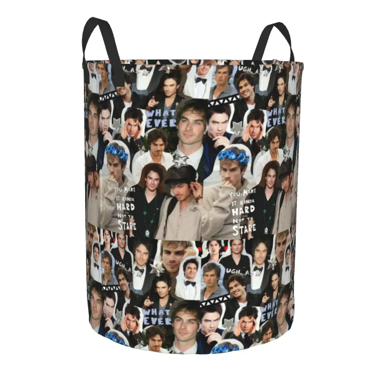 Custom The Vampire Diaries Damon Salvatore Collage Laundry Basket Collapsible Horror TV Show Clothing Hamper Toys Storage