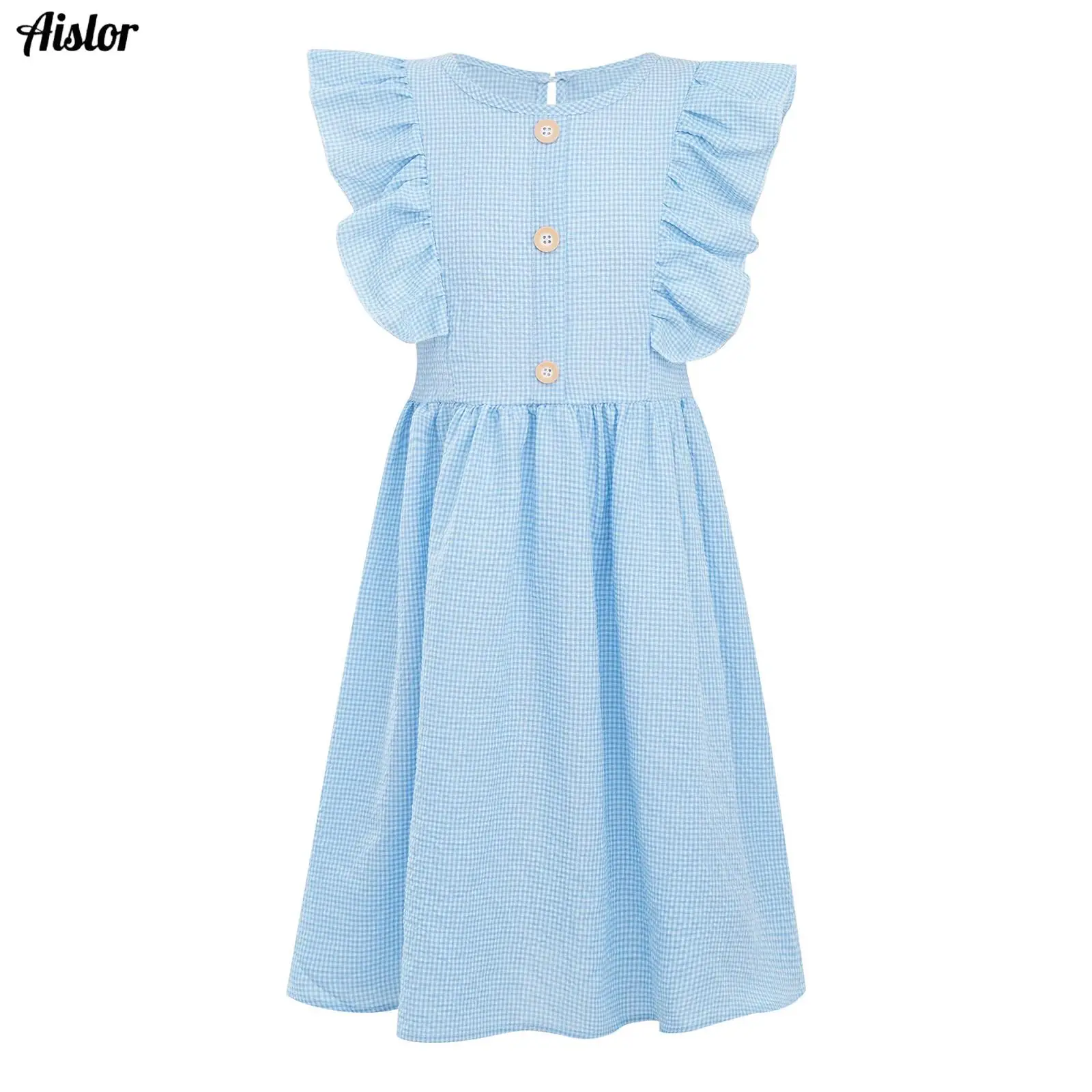 

Kids Girls Dress Summer Cute Ruffled Sleeves A-Line Plaid Belted Dress for Vacation Holiday Beach Picnic Birthday Party Dresses