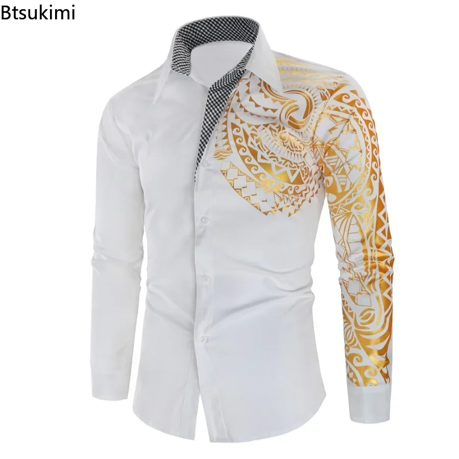 2025 Men's Long Sleeve Shirt Luxury Totem Gilding Formal Dress Shirts Tops Male Slim Fit Prom Party Social Print Shirt for Men