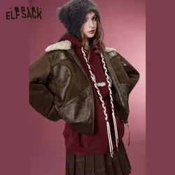 ELFSACK Korean Fashion PU Spliced Jackets Women 2023 Winter New Designer Jackets