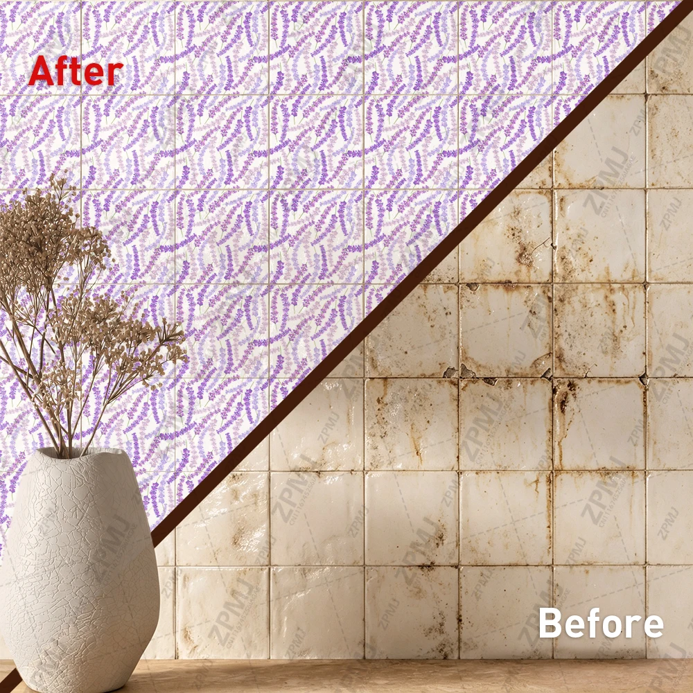 Purple Spike Tile Stickers Waterproof Peel and Stick Self Adhesive Oil Proof Backsplash Decals Floral Wallpaper for Provence Bar
