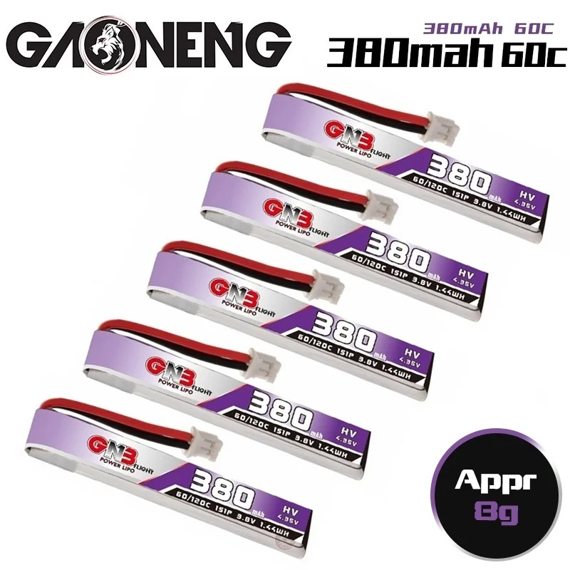 5pcs/lot Gaoneng GNB FPV LiHv Batteries 380mAh 1S 3.8V 60C Max 120C PH2.0 Plug 4.35V Lipo Battery Updated Verion of 1S 300mah