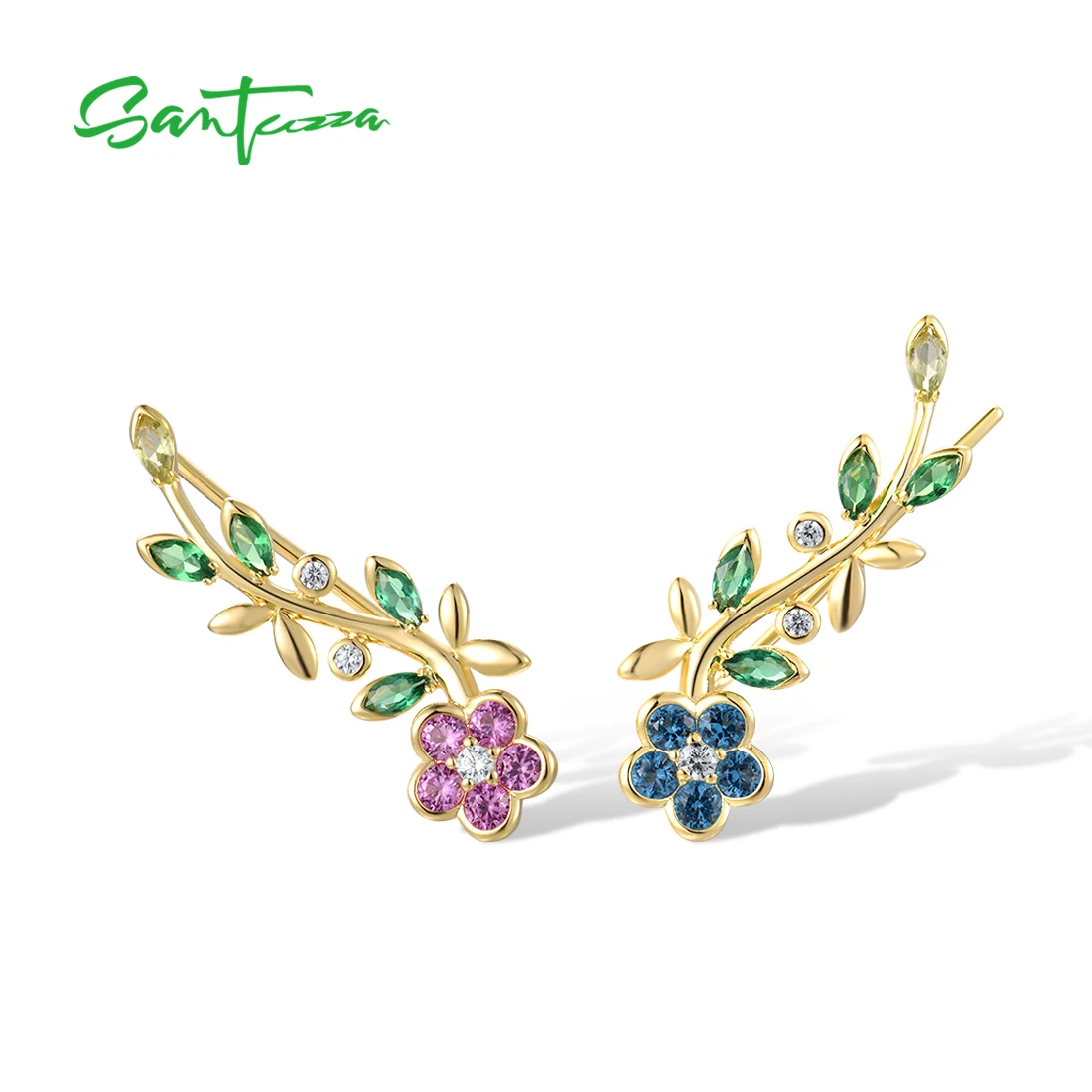 SANTUZZA 925 Sterling Silver Earrings Climber For Women Sparkling Colorful Gemstone Pierce Charm Engagement Gift Fine Jewelry