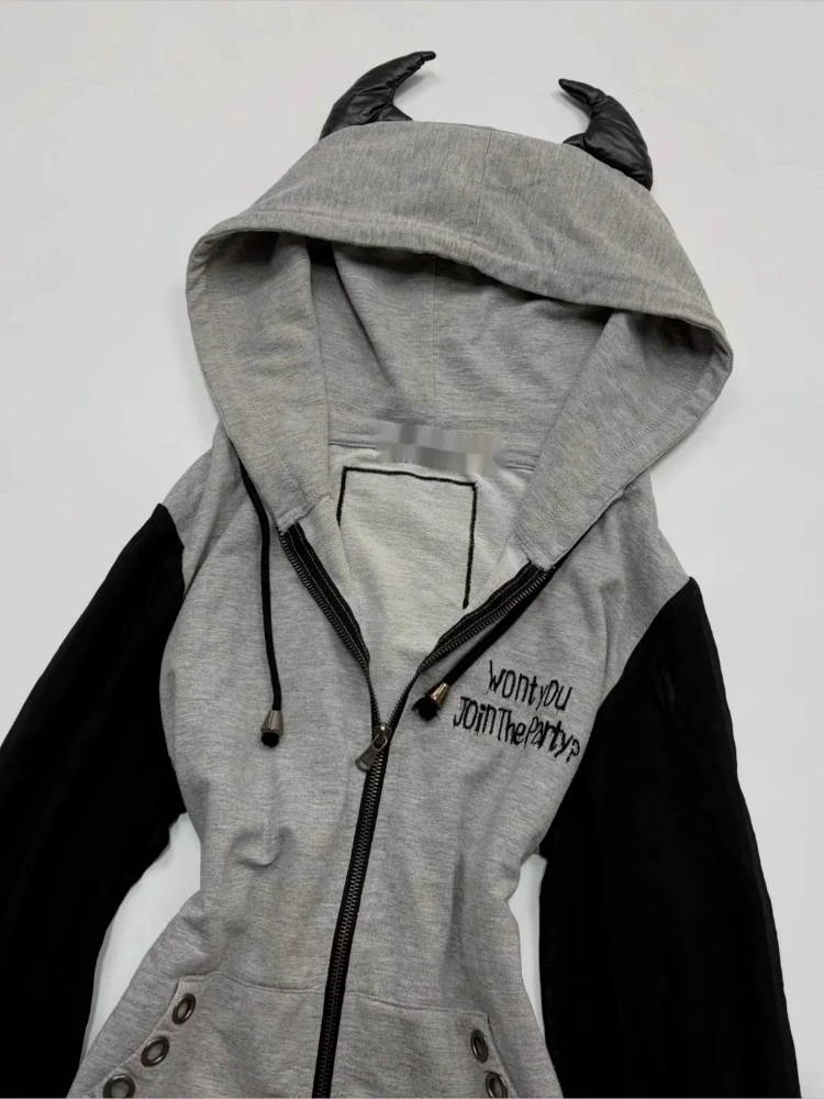 Women Y2K Vintage Zip Up Hoodie Contrast Sleeve Eyelet Trim Slim Fit Alt Grunge Streetwear Cyber Goth Punk Cosplay Top Harajuku