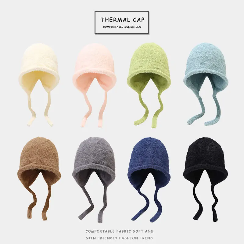 2023 Y2K Cute Beanie Autumn Winter Women Warm Japanese Knit Hat Pile Caps Men Ear Protection Tie Pullover Hat Gorro Bonnet