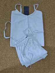 New Blue Striped Tank Shorts 2 Piece Sets Women Lace Trim V Neck Lace-up Vest+Buttons Sweatshorts Sweet Cotton Home Set Y2k