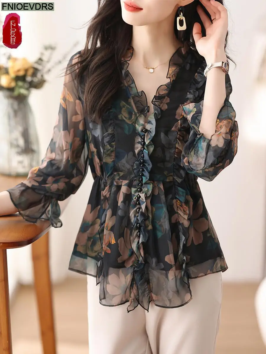 S-3XL 2024 Women Spring Basic Wear Chiffon Shirts New Chic Design Retro Vintage Button Flower Peplum Belly Ruffles Tops Blouses