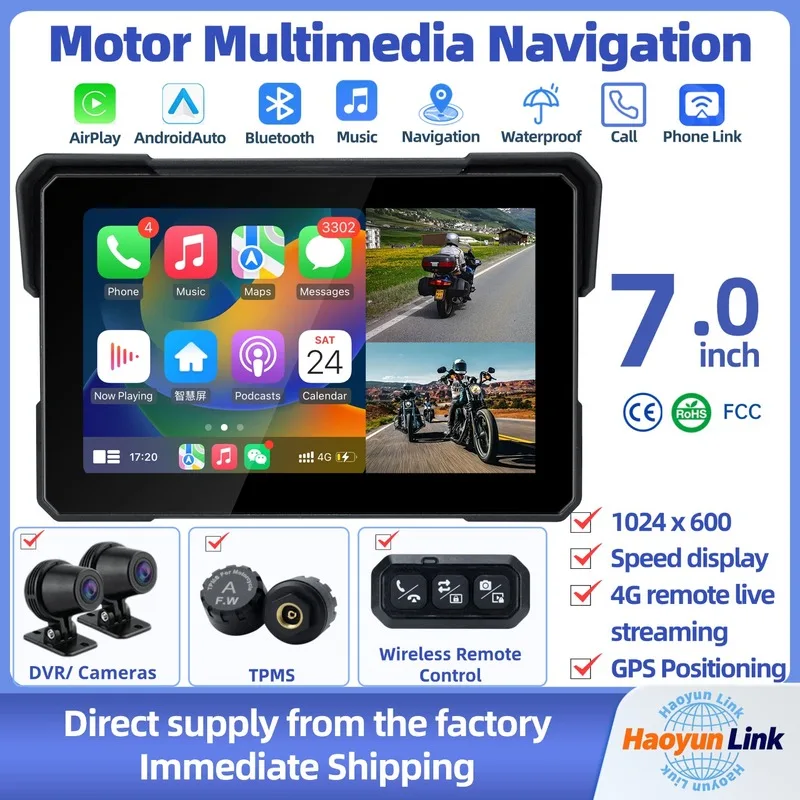 【New】7.0 Motorcycle CarPlay dashcam, Remote live streaming, with HD DVR,TPMS
