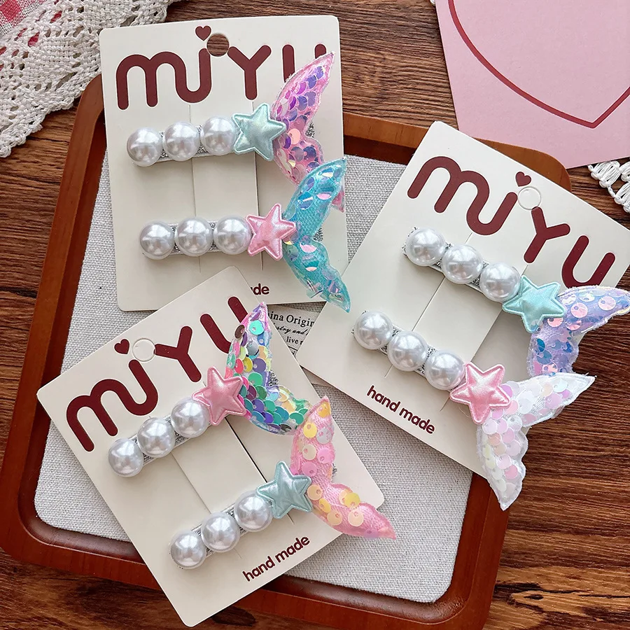 Hair Clips Sweet Fresh Faux Pearl Sequin Mermaid Tail Kids Side Press Clip Girls Parent Child Hairpin Holiday Alloy Lightweight