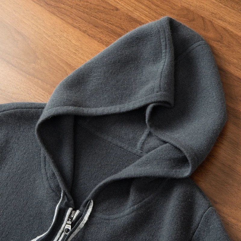 100% Cashmere Coat Men's Knit Hooded Zipper Cardigan Autumn/Winter New Business Casual Large Size Sweater Men's Clothing Jacket