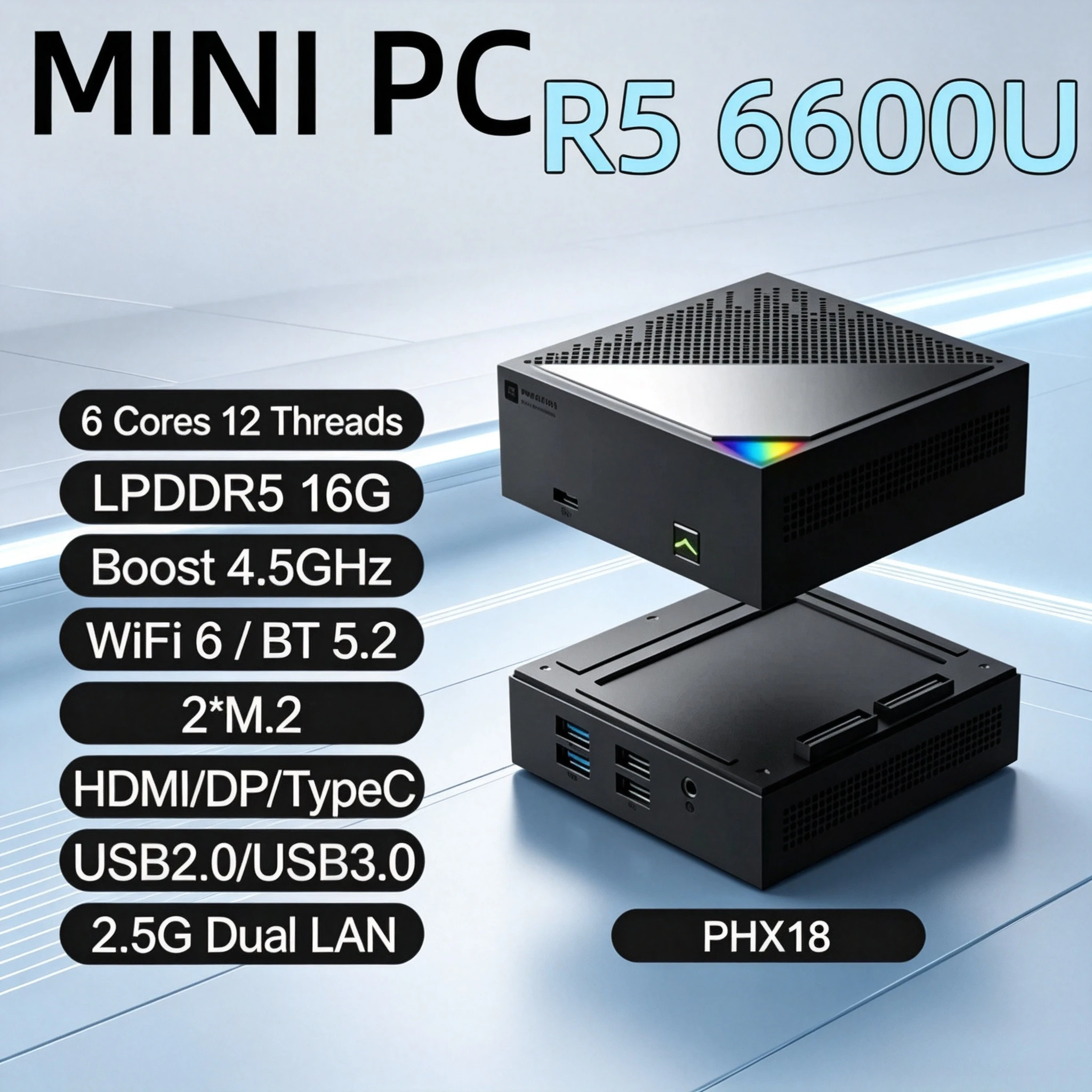 Mini PC PHX18 Model Ryzen5 6600U 6C12T LPDDR5 16G Dual 2.5G LAN WiFi6 BT5.2 Dual M.2 4K Triple Display Office Desktop Computer