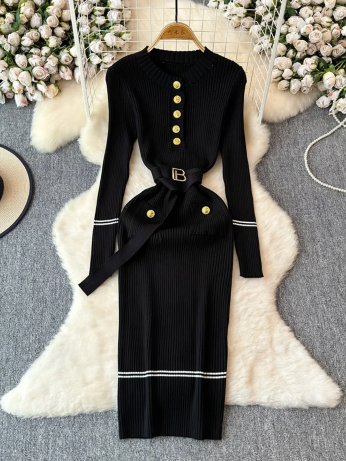 Foamlina outono e inverno tripulação pescoço engrossado vestidos de malha cinto fino hip envoltório inferior camisola vestido para mulher 2025