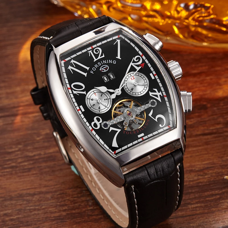 FORSINING Luxury Tonneau Men\'s Mechanical Watch Skeleton Automatic Date Dial Design Chronograph Leather Strap Business Clock New