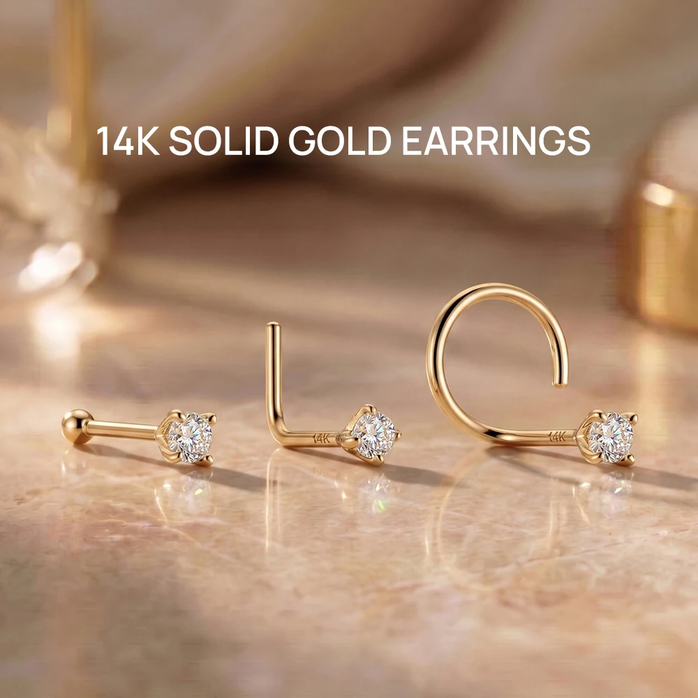CANNER 1PC 14K Solid Gold 4 Claws CZ Flat Back Piercing Earring Minimalist Hypoallergenic Luxury Helix Cartilage Nose Jewelry