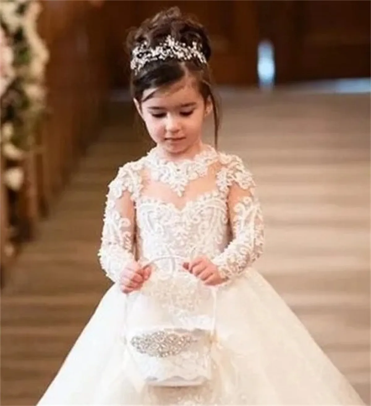 Robe de fille de fleur de luxe dentelle blanche moelleux étincelle mariage élégant fleur enfant première eucharistie fête d'anniversaire robe de princesse