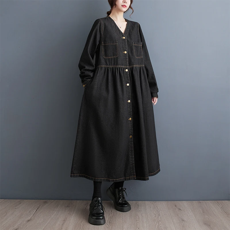 Fall Winter Denim V-Ne Dr High Waist Loose Long Sve A-Line Long Dr Slimming Pleated Commute Sle Retro Skirt