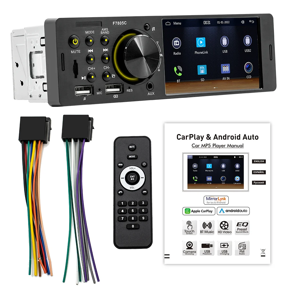 BQCC 1 Din4.1Inch Touchscreen Car Radio wired Android auto carplay Bluetooth FM USB Mirrorlink 7 colorful lights  car stereo