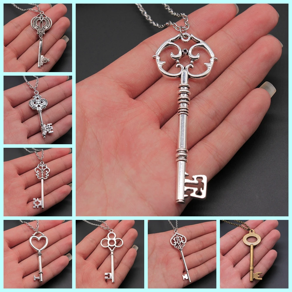 2 Colors Antique Silver Color Antique Bronze Color Vintage Key Pendant Necklace For Women Long Chain Metal Chain Necklace