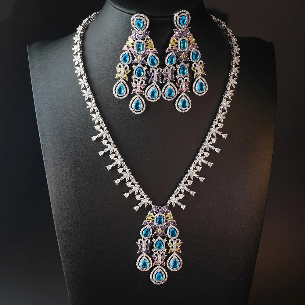 Fashionable Colored Zircon Earrings and Necklace Set
