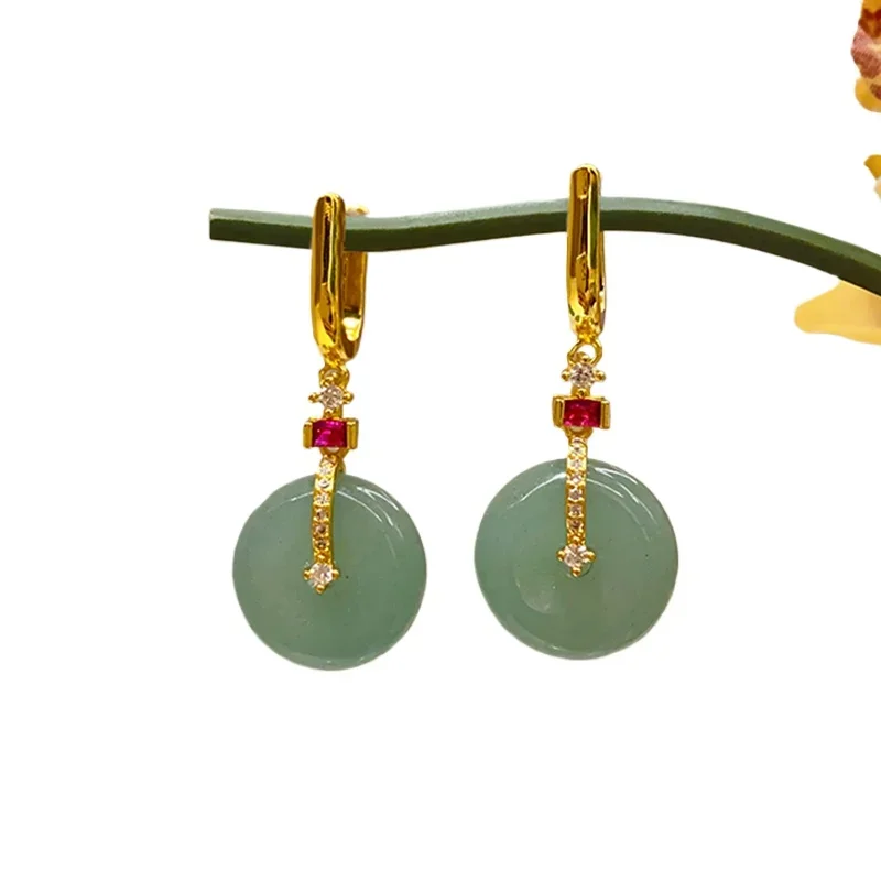 

New Chinese style Dongling jade earrings Jade safety buckle earrings Red zircon ear buckle Hanfu cheongsam ear jewelry