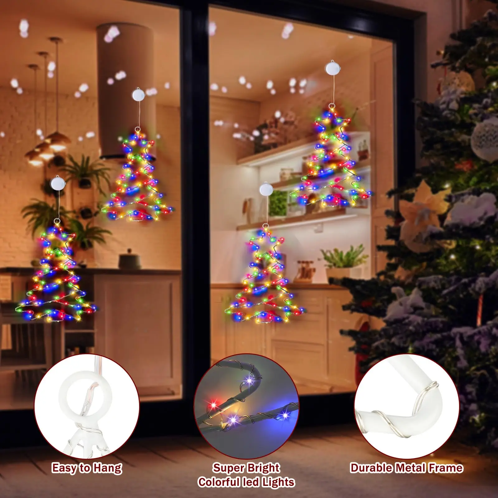 Christmas Tree Lights Battery Powered Metal Framed Hanging Christmas Window Fairy Light Decorations with Timer for Xmas New Year