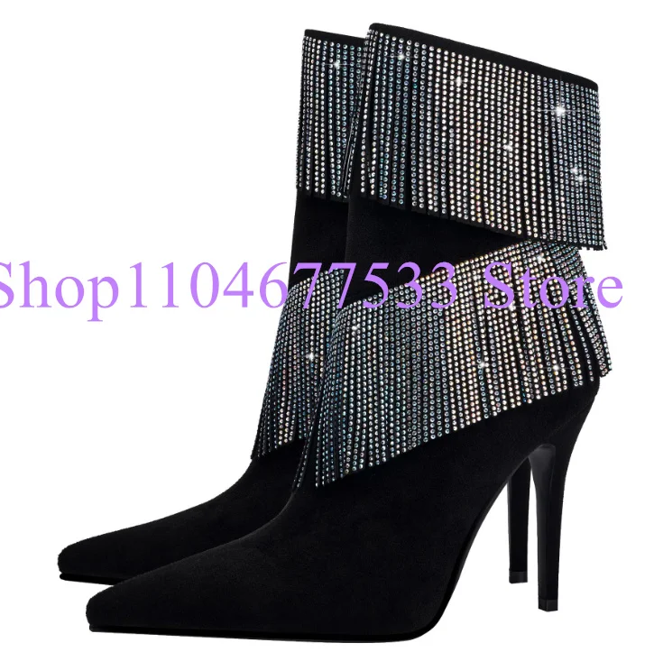 

Black Color Bling Bling Crystal Tassel Lady Ankle Boots Fashion Thin Heel Pointed Toe Fringe Woman Short Boots Female Shoes