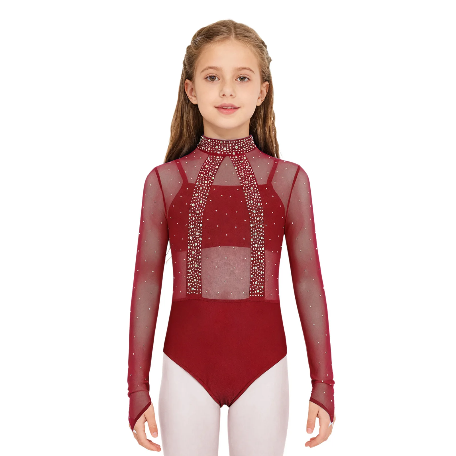 

Girls Ballet Gymnastics Leotard Rhinestones Long Sleeve Cutout Back Sheer Mesh Bodice Leotard with Spaghetti Straps Camisole Set