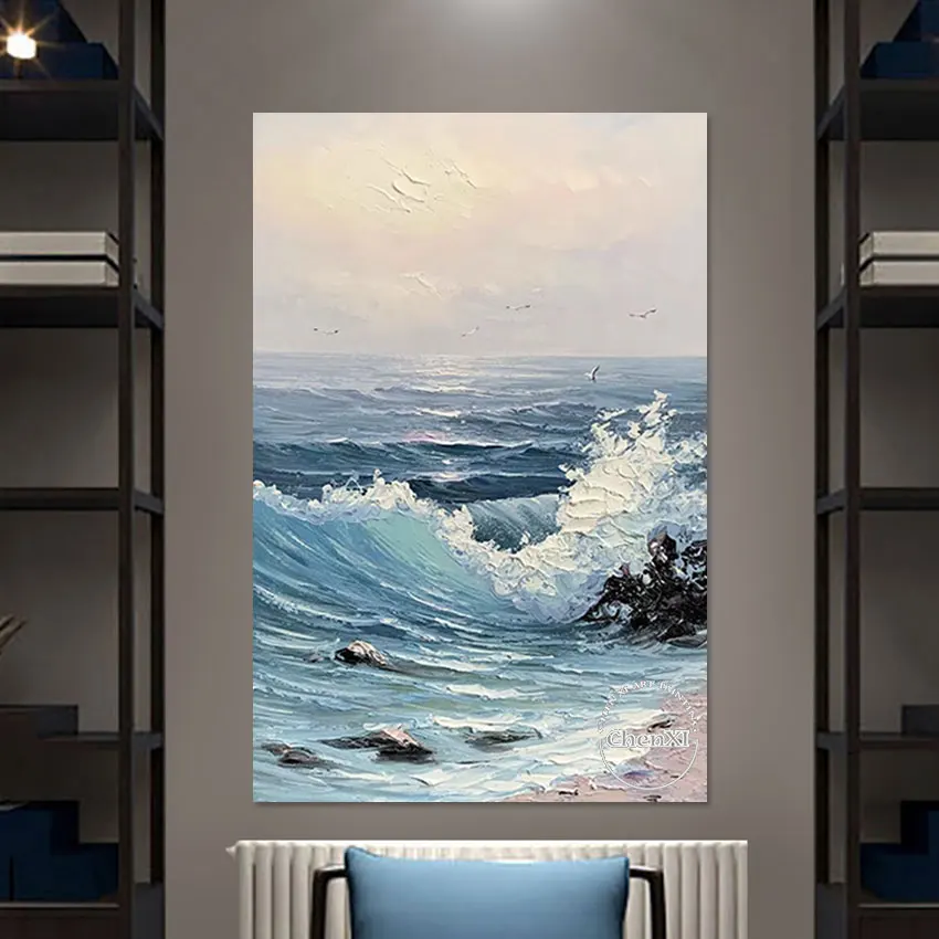 Sea Wave Palette Knife Abstract Wall Poster Art, Unframed Hand-painted Texture Acrylic Murals Paintings, Luxury Artwork