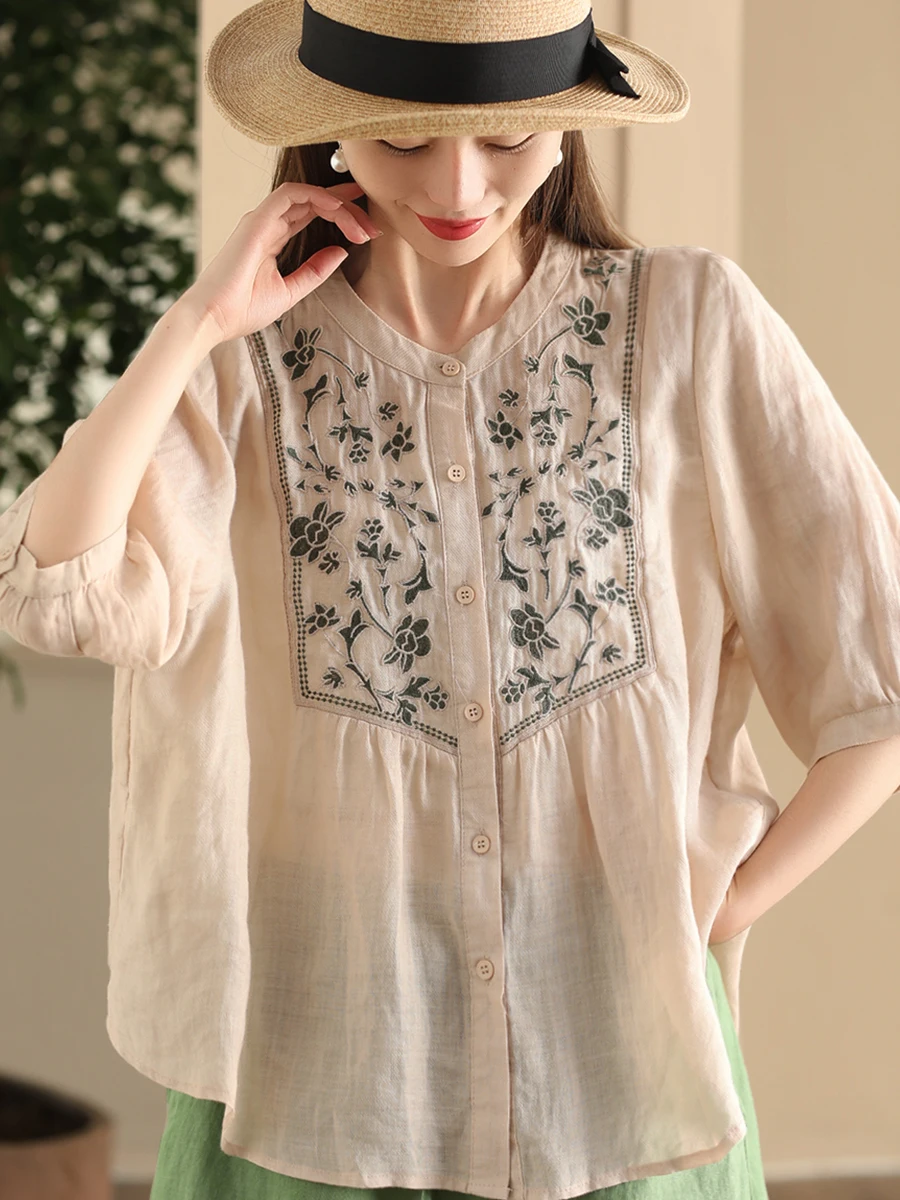 

Retro Embroidered Linen irt Women's Stand Collar Single Button Ele Flower Design Top Garden Beau New Arrival