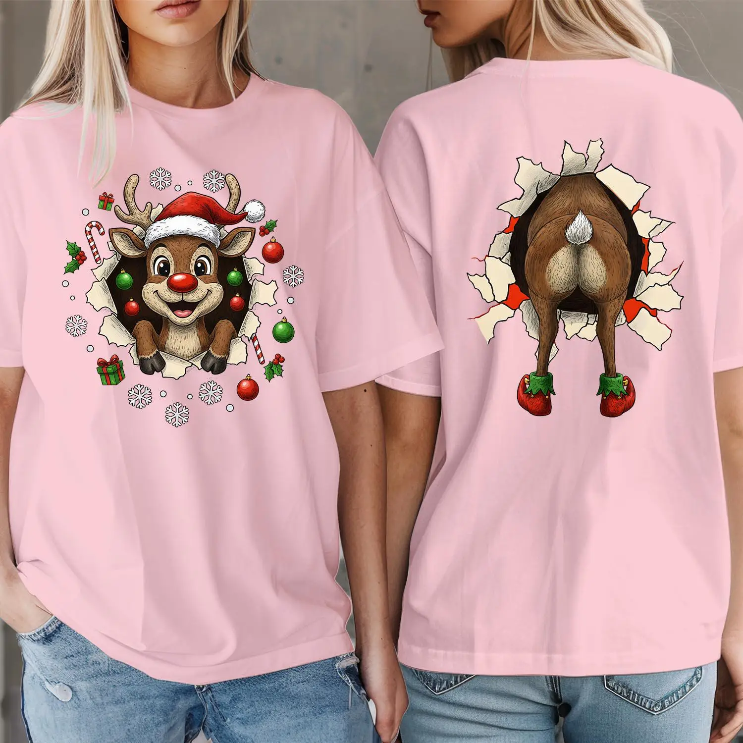 Funny Christmas Reindeer Butt T-Shirt 3D Wall Break Black Tee Xmas Holiday Party Graphic Gift for Men Women Short Sleeve Top